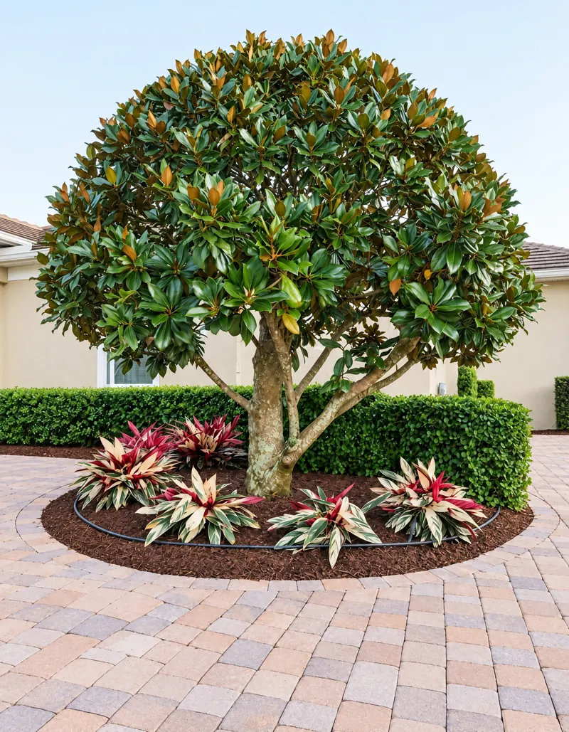 Specimen tree island: bromeliads and fresh mulch