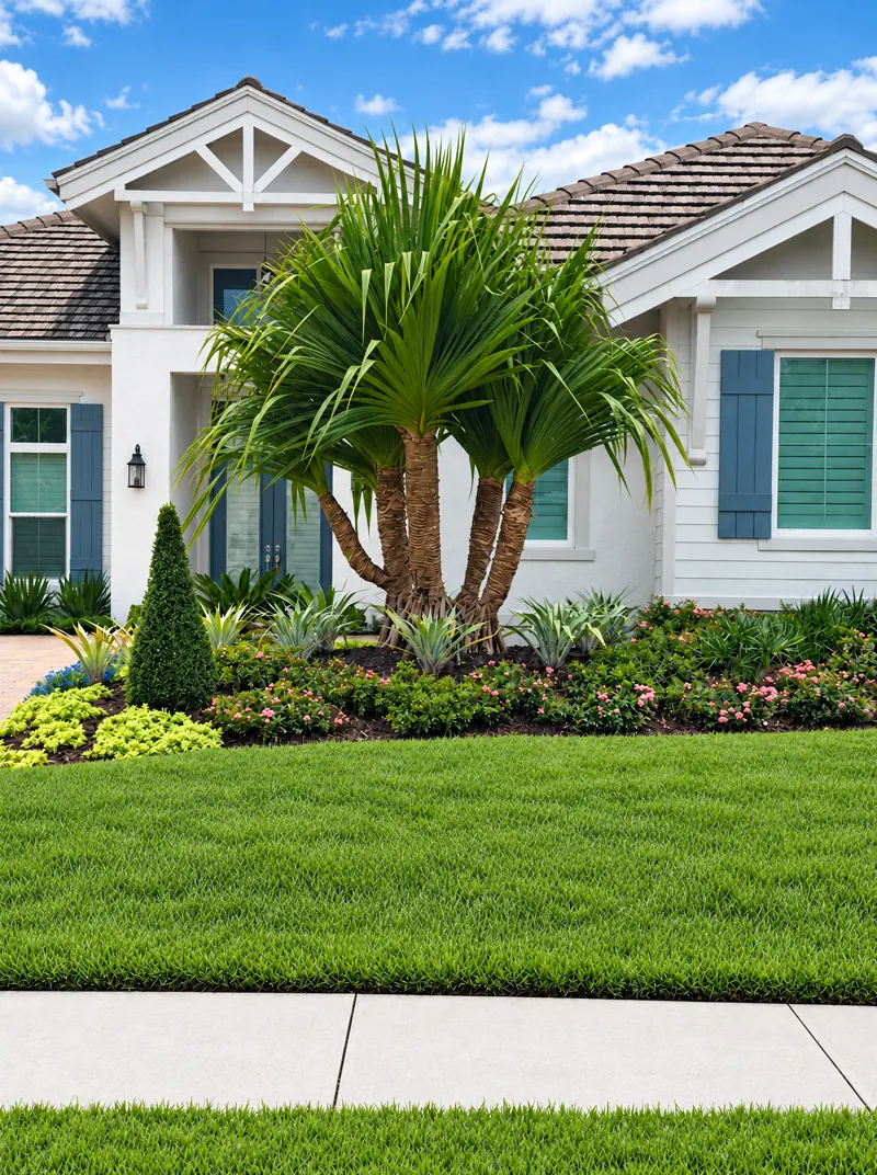 Front-yard refresh: new palm, shrubs, and flowers