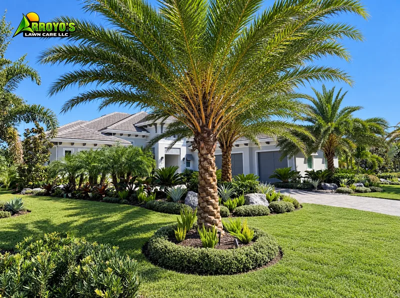 Sylvester palm feature: sylvester palm and a round hedge border