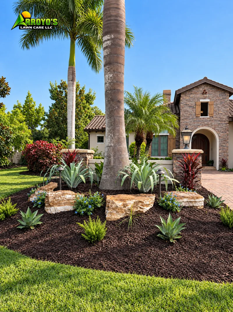 Boulder and palm bed: boulders, a palm, and fresh mulch