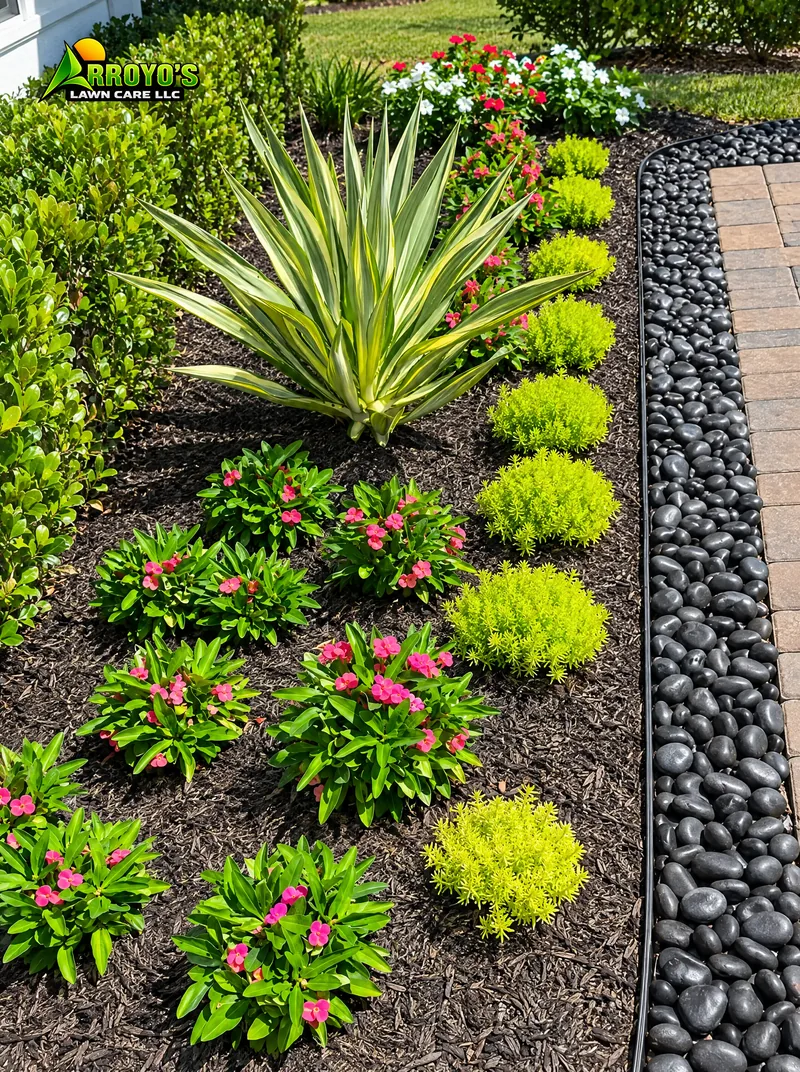 Edged flower bed: agave, flowers, and a black river rock border
