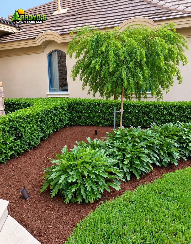 Hedge-framed bed: young tree, shrubs, and a hedge border